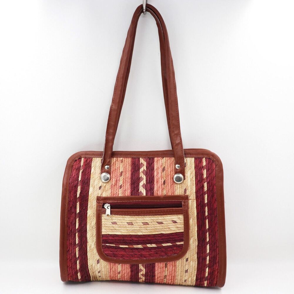 Vtg Summer Straw Handbag Women Multicolor Striped Unlined Purse Shoulder Bag